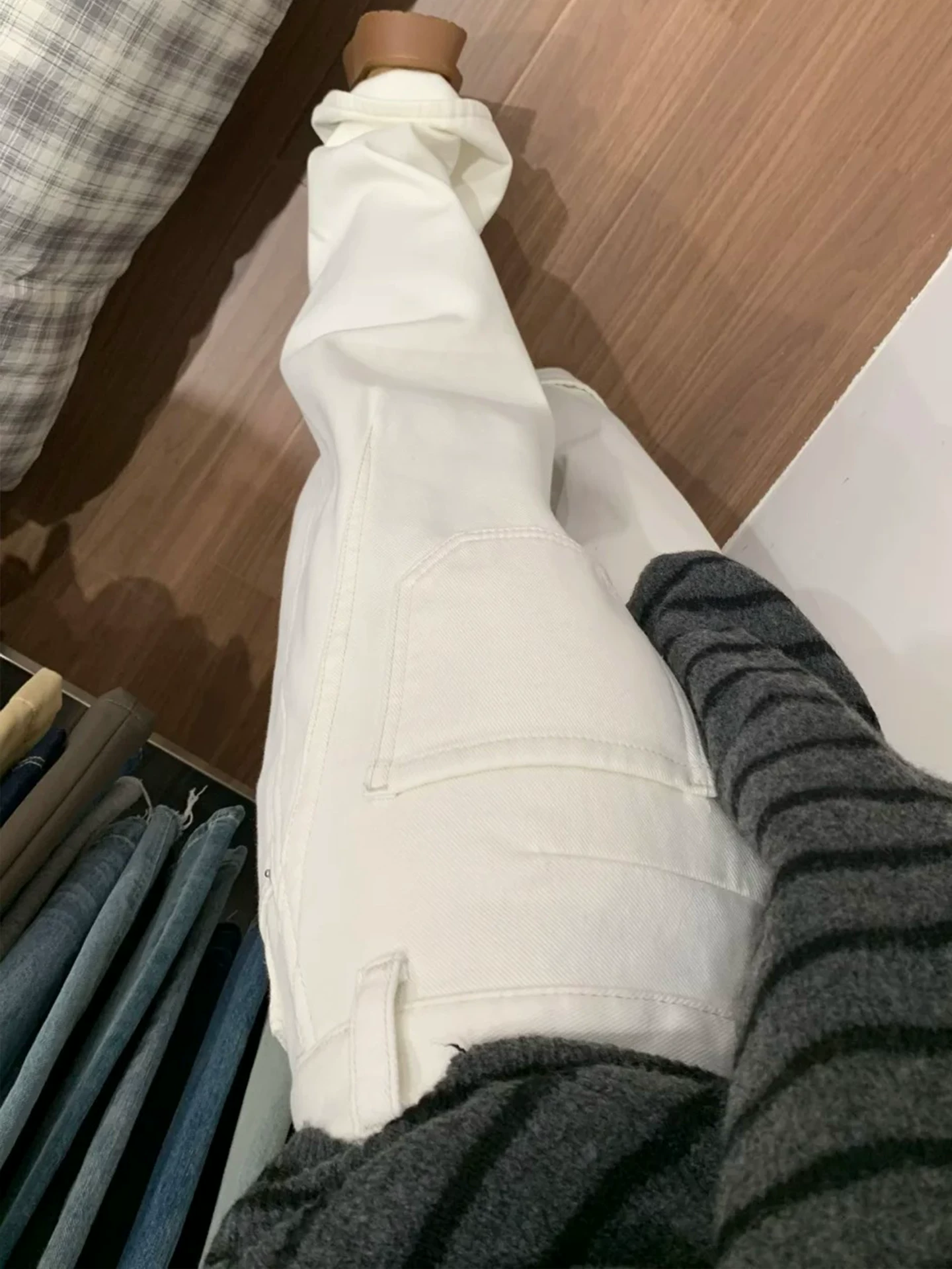 Quần jean ống rộng màu trắng dành cho nữ, mùa đông, cỡ lớn, lót lông cừu, dày dặn, cạp cao, dáng rộng, tôn dáng, dáng quả lê, quần ống thẳng