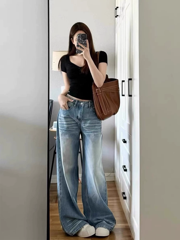 Quần jean ống thẳng kiểu Mỹ cổ điển dành cho nữ, phong cách mùa thu mới, cỡ lớn, lưng cao, dáng rộng, xếp nếp, giảm béo, quần ống rộng