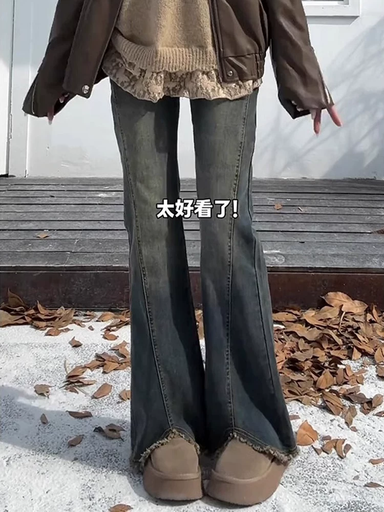 Quần jeans ống loe vintage nữ thu đông 2025, thiết kế size lớn, cạp cao, che hông, tôn dáng, kiểu dáng bootcut