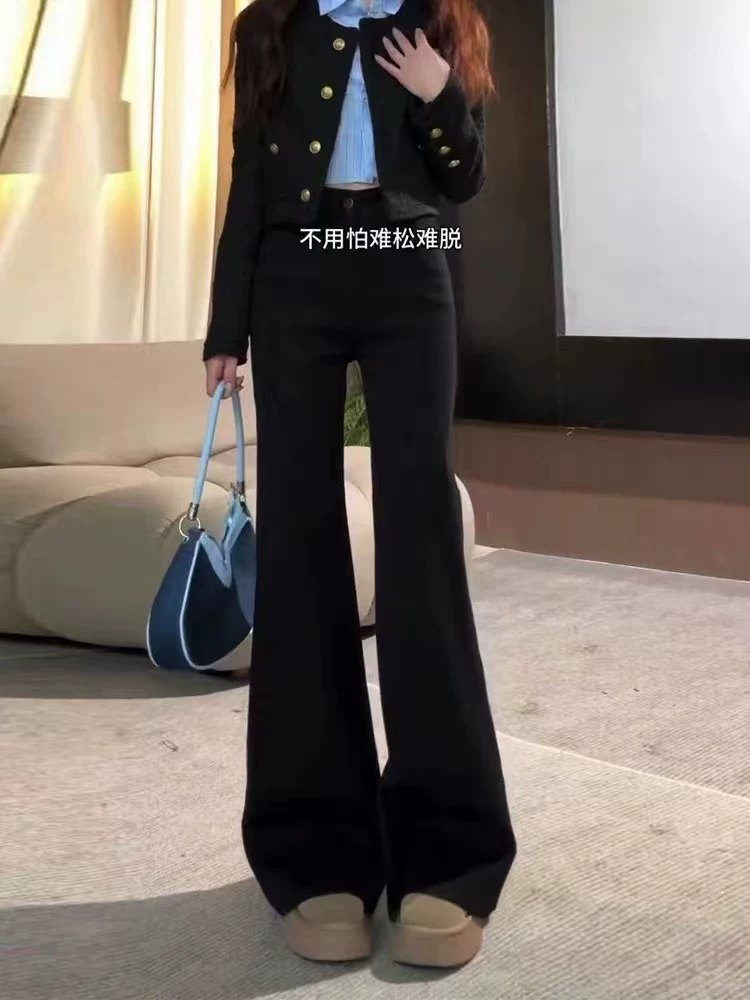 Quần jean loe nữ, lót lông cừu và dày dặn, thu đông 2025, size lớn, cạp cao, co giãn, che hông, tôn dáng, quần ống chuông