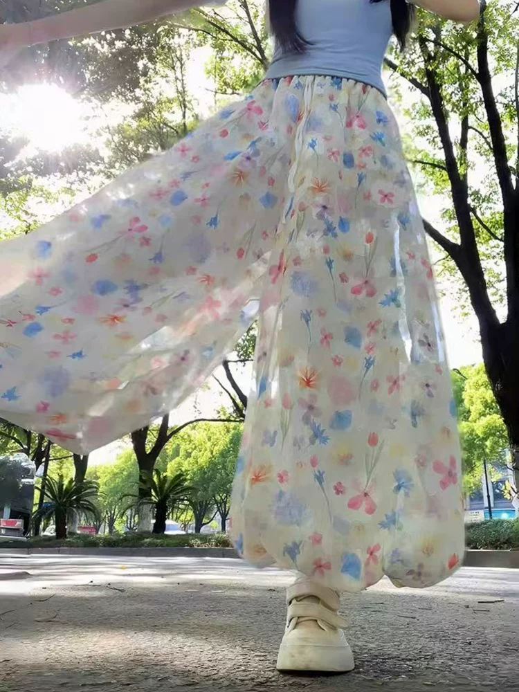 Quần hoa nhiều màu sắc dành cho nữ, kiểu dáng mỏng mùa hè, cỡ lớn, lưng cao, dáng suôn, tôn dáng, họa tiết hoa, quần phồng, quần ống rộng mát mẻ.