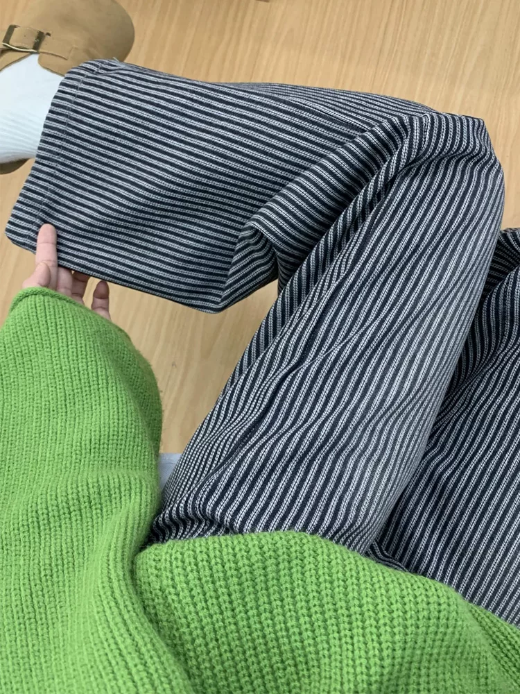 Quần jean ống rộng sọc cổ điển dành cho nữ, mùa thu đông, lót lông cừu, cỡ lớn, dành cho hông rộng, chân dày, dáng quả lê, quần ống thẳng