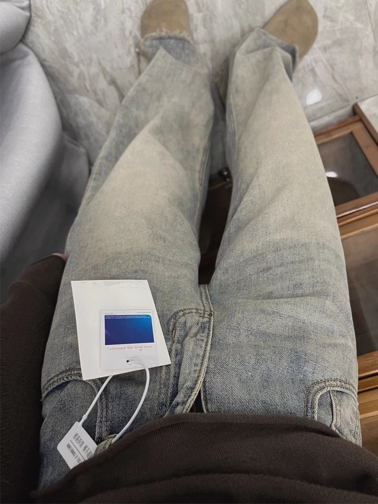 Quần jean ống thẳng màu xanh cổ điển dành cho nữ, phong cách mùa thu mới, cỡ lớn, lưng cao, dáng rộng, dáng suông, quần dài đến sàn.