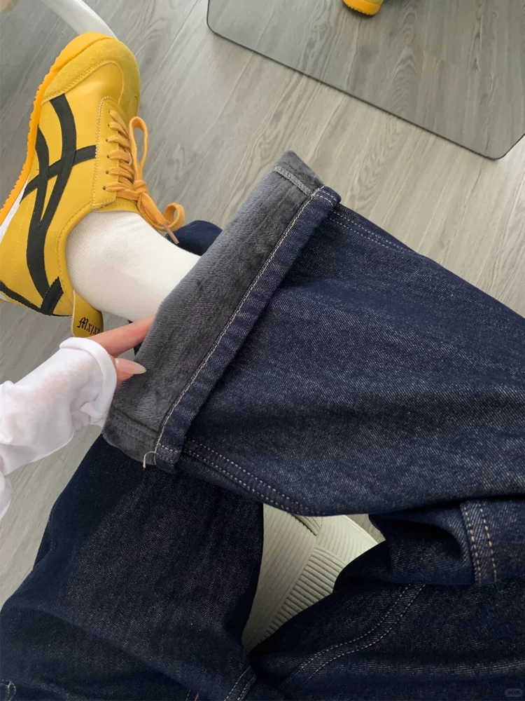 Quần jean ống đứng màu xanh đậm dành cho nữ, mùa thu đông, cỡ lớn, lót lông cừu, dày dặn, cạp cao, che hông, giảm béo, quần ống rộng.