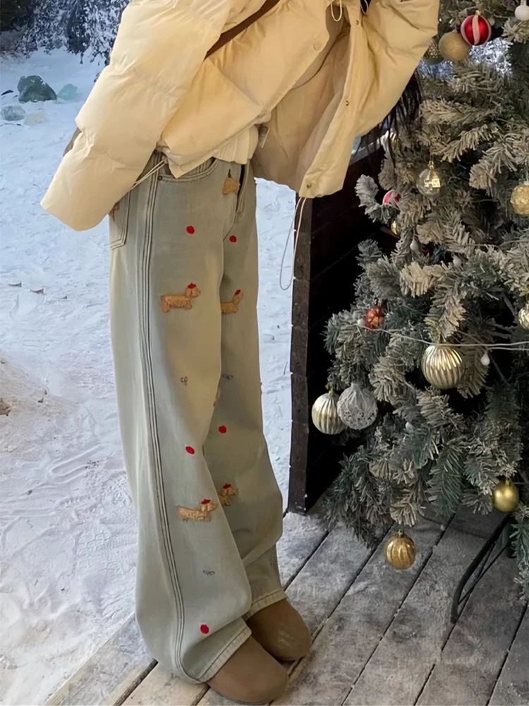 Quần jean ống đứng thêu hình chó dachshund dành cho nữ, mùa thu đông, cỡ lớn, lót lông cừu, lưng cao, dáng rộng, giảm béo, ống rộng, quần dài đến sàn