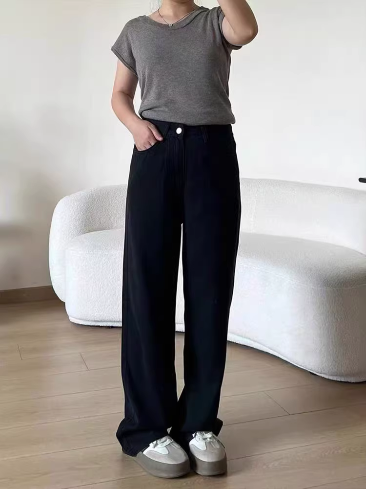 Quần jean lụa đen dành cho nữ, kiểu dáng mỏng mùa hè, cỡ lớn, lưng cao, dáng rộng, mềm mại, tôn dáng, quần ống rộng Tencel.
