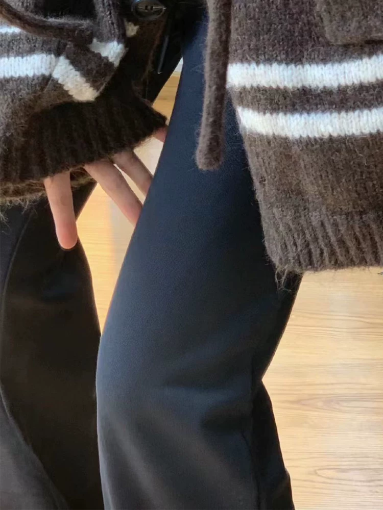 Quần ống loe dành cho nữ, cỡ lớn, mùa thu đông, lót lông cừu, lưng cao, dáng rộng, che hông, giảm béo, quần thể thao thông thường