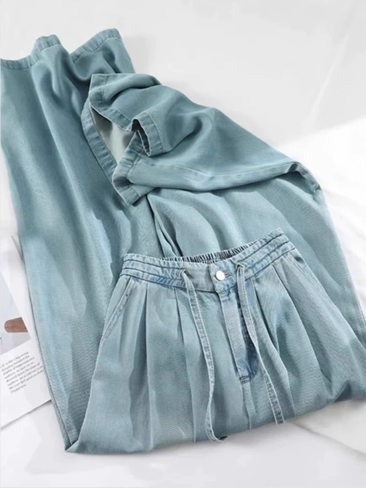 Quần jeans Tencel nữ hè 2025 mỏng, size lớn, cạp cao, dáng rộng, tôn dáng, phong cách lười, ống rộng, dài chạm sàn