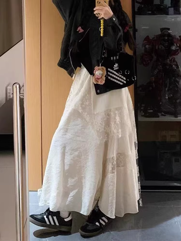 Váy ren nữ hè 2025 kiểu mới, size lớn, cạp cao, che hông, tôn dáng, dáng chữ A bất đối xứng, nhiều tầng