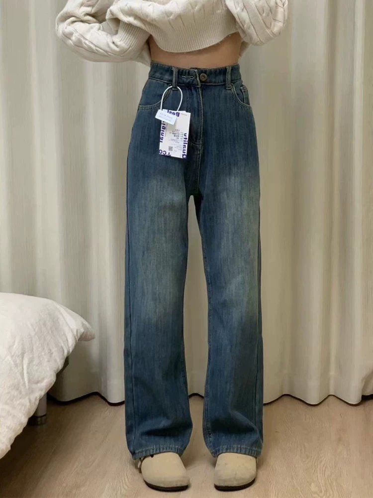 Quần jean ống thẳng dày lót lông màu xanh cổ điển dành cho nữ, mùa thu đông, cỡ lớn, lưng cao, dáng rộng, che hông, quần ống rộng