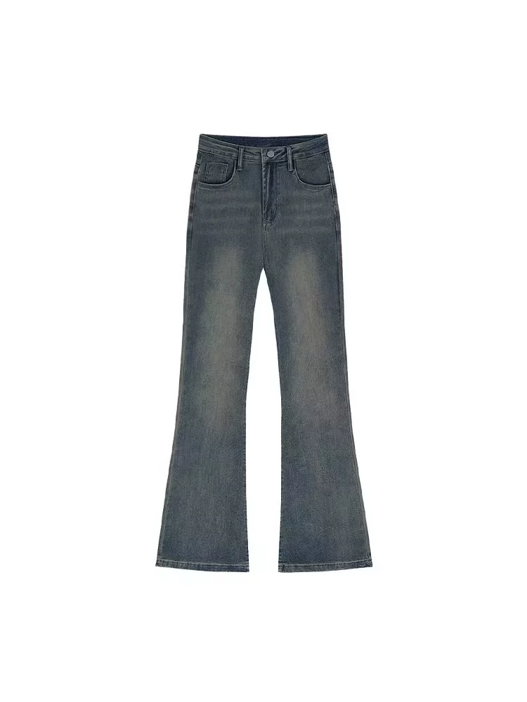 Quần jean xanh vintage dáng loe dành cho nữ, mùa thu, size lớn, cạp cao, co giãn, che hông, tôn dáng, dành cho người có thân hình quả lê, quần ống loe