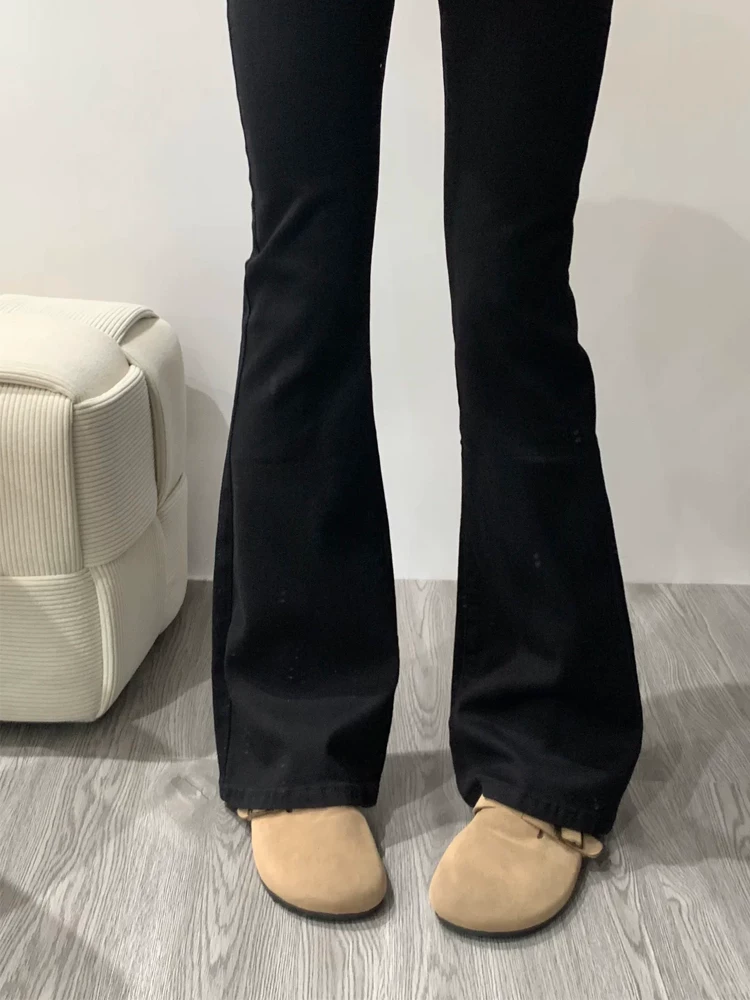 Quần jean ống loe dày lót lông cừu màu đen dành cho nữ, phong cách thu đông, cỡ lớn, lưng cao, co giãn, che hông, quần ống loe thon gọn.