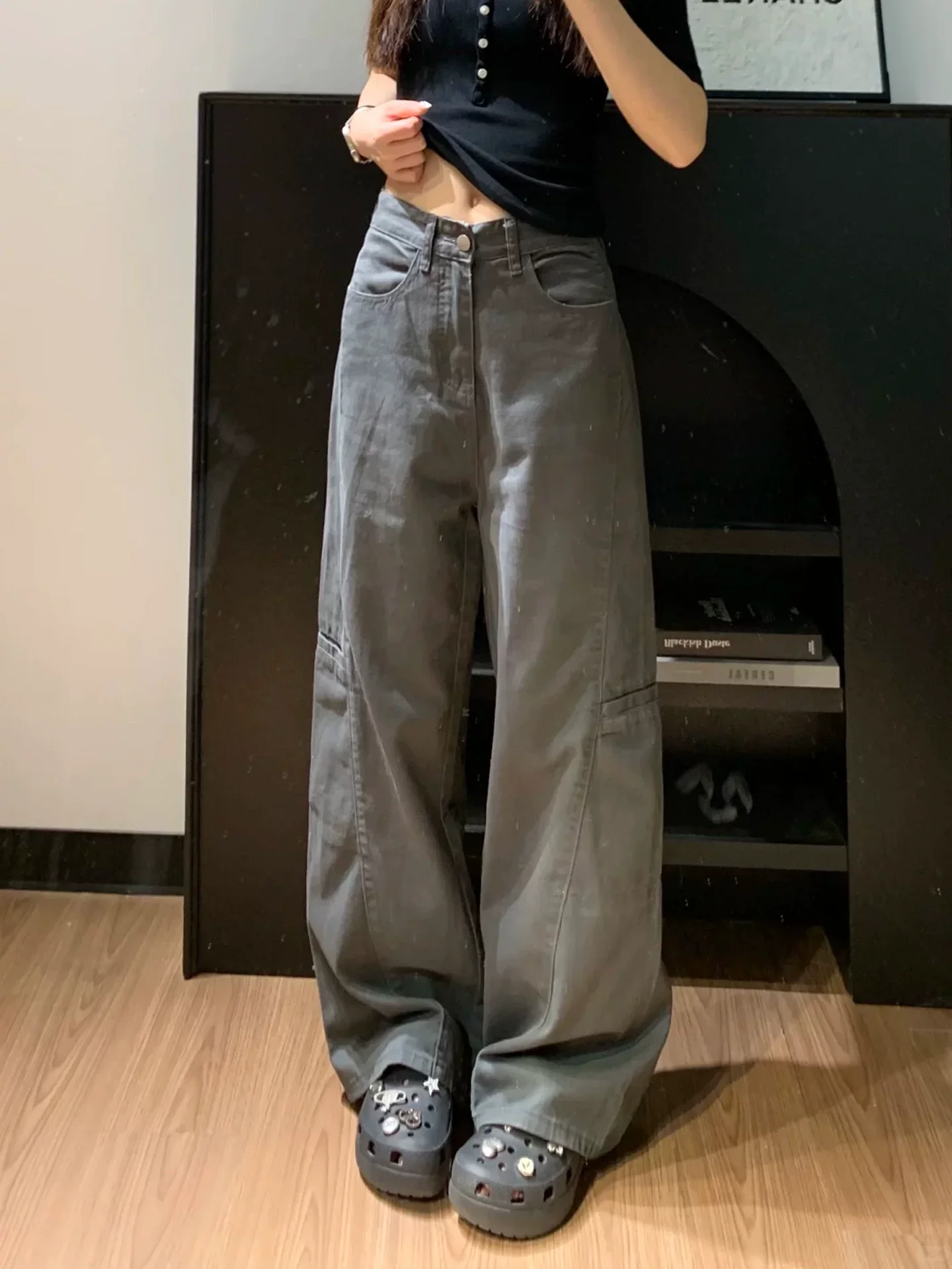 Quần jean công sở màu xám dành cho nữ có thân hình hình quả lê, quần ống rộng cạp cao che hông dáng rộng, cỡ lớn mùa thu