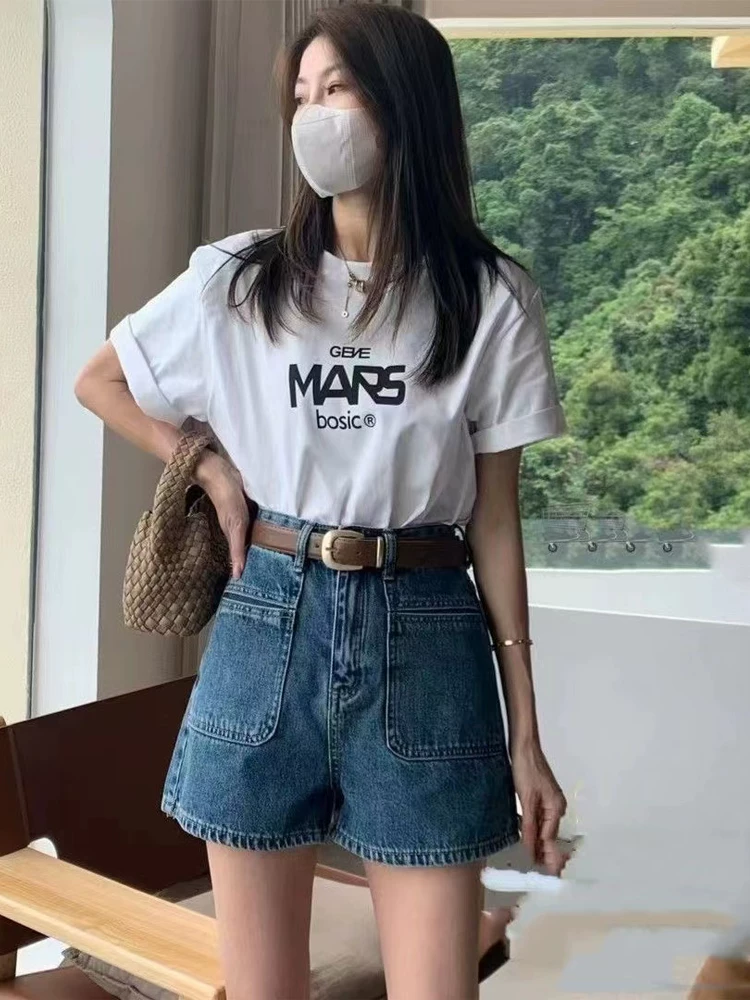 Quần short denim dáng chữ A dành cho nữ, size lớn mùa hè, cạp cao, che hông, giảm béo, dáng nhỏ nhắn, quần ống rộng