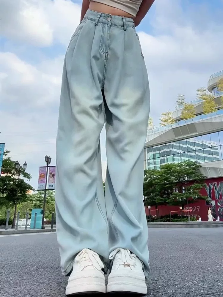 Quần jean ống đứng Tencel dành cho nữ, mùa hè, cỡ lớn, lưng cao, dáng rộng, mềm mại, tôn dáng, dáng quả lê, quần ống rộng bằng vải lụa băng