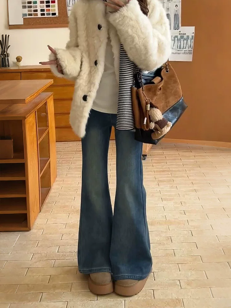 Quần jean nữ ống loe cạp cao cổ điển, size lớn, lót lông cừu, co giãn, tôn dáng, quần ống chuông, quần ống loe giữ ấm mùa đông.