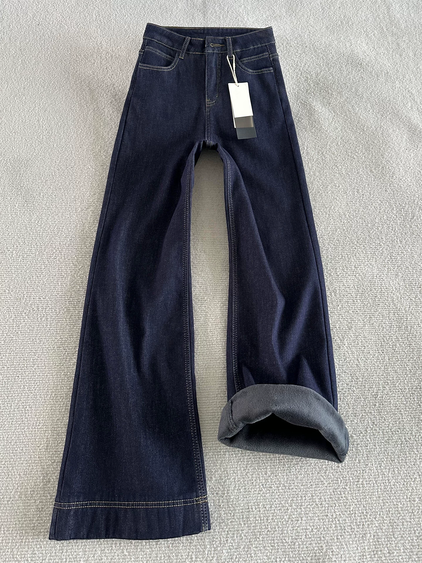 Quần jean xòe lưng cao màu xanh đậm dành cho nữ, mùa thu đông, cỡ lớn, co giãn, che hông, giảm béo, lót lông cừu, quần ống loe dày.