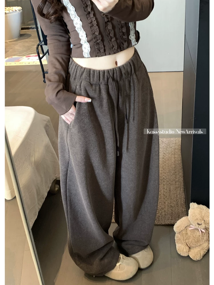 Quần ống rộng màu trắng nhạt dành cho nữ, lót lông cừu mùa đông, cỡ lớn, lưng cao, mềm mại, tôn dáng, dáng quả lê, quần ống rộng