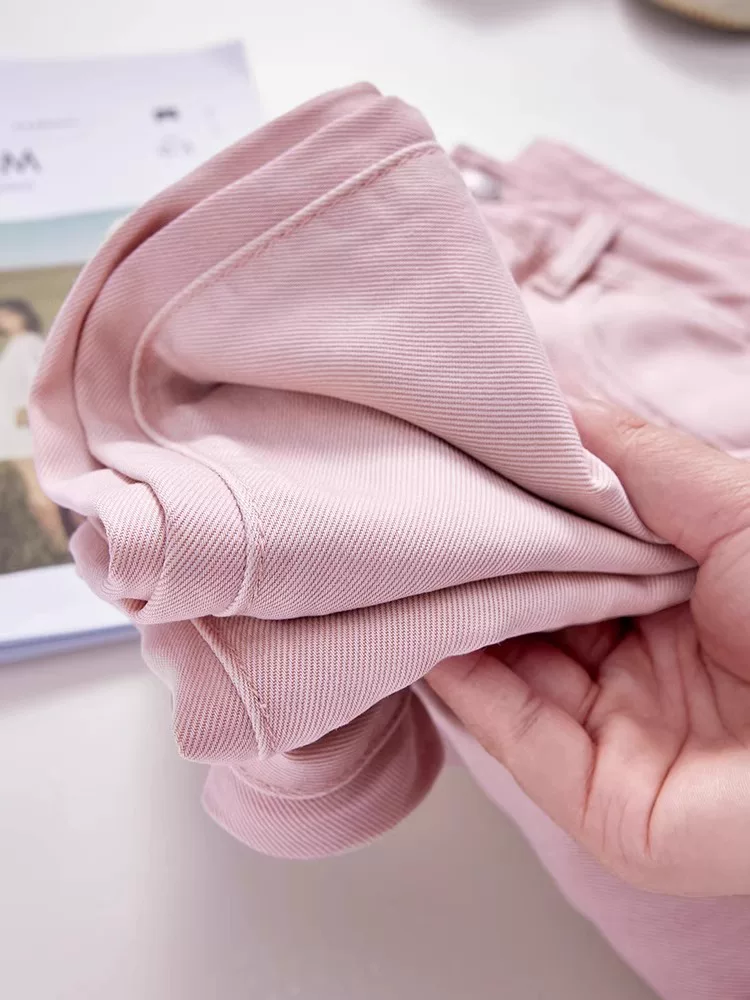 Quần jean Tencel màu hồng dành cho nữ, cỡ lớn mùa hè, lưng cao, dáng rộng, thon gọn, dáng quả lê, quần ống rộng bằng vải lụa băng