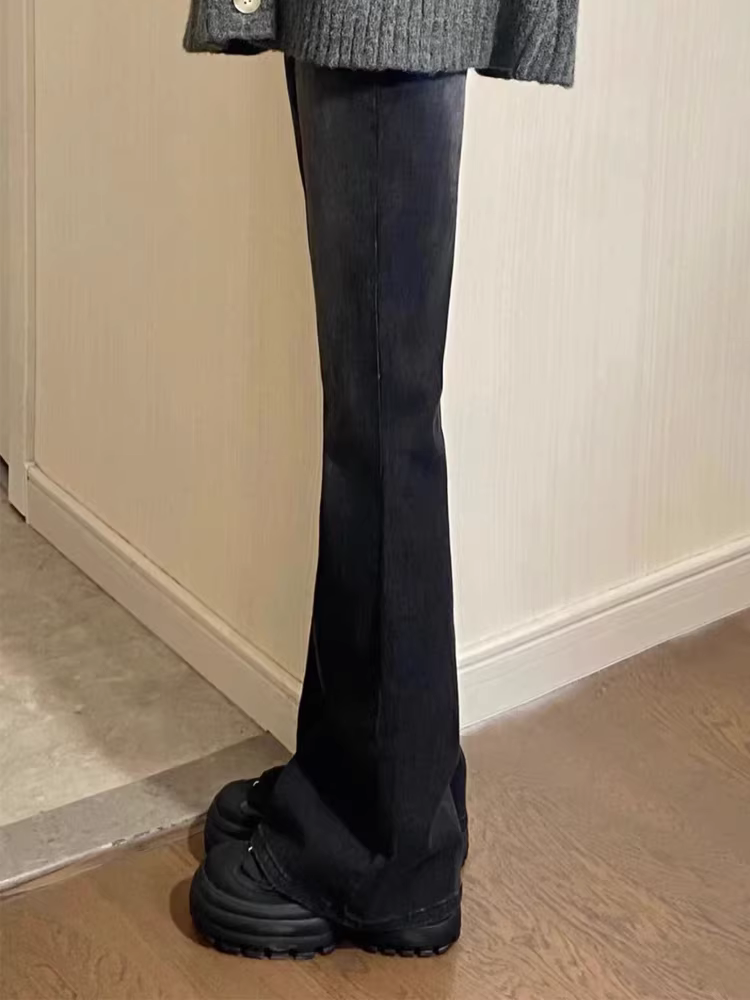 Quần jean ống loe màu đen và xám dành cho nữ, đầu thu, cỡ lớn, lưng cao, co giãn, che hông, giảm béo, dáng quả lê, quần ống chuông