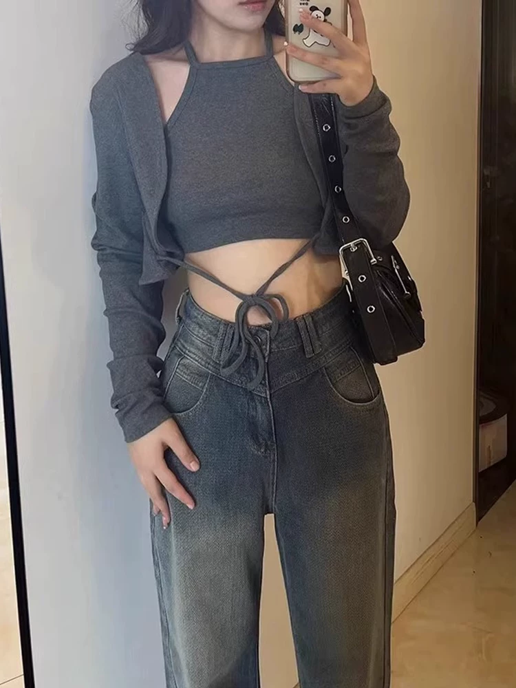 Quần jean ống thẳng họa tiết ngôi sao dành cho nữ, phong cách thu đông, cỡ lớn, lót lông cừu, dày dặn, cạp cao, che hông, giảm béo, quần ống rộng.