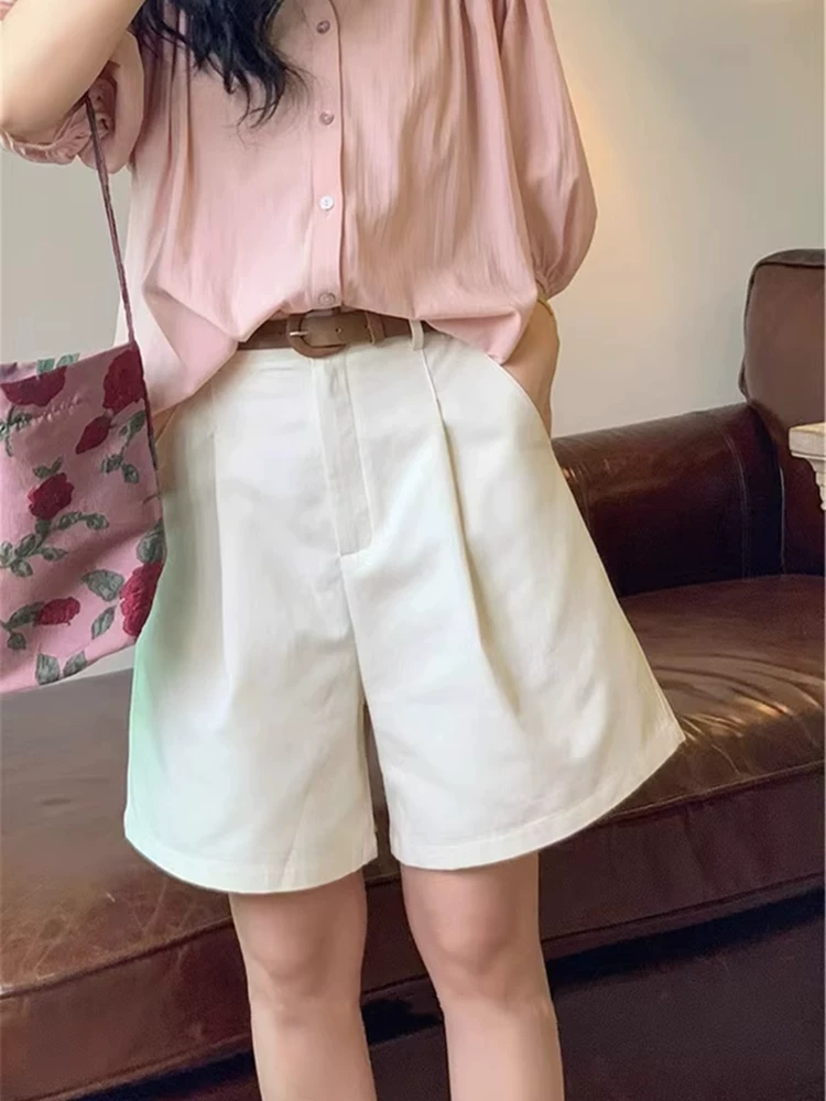 Quần short kaki cạp cao thường ngày dành cho nữ, size lớn mùa hè, đa năng, tôn dáng, dáng thẳng, kiểu chữ A, dài ngang đùi, ống rộng.