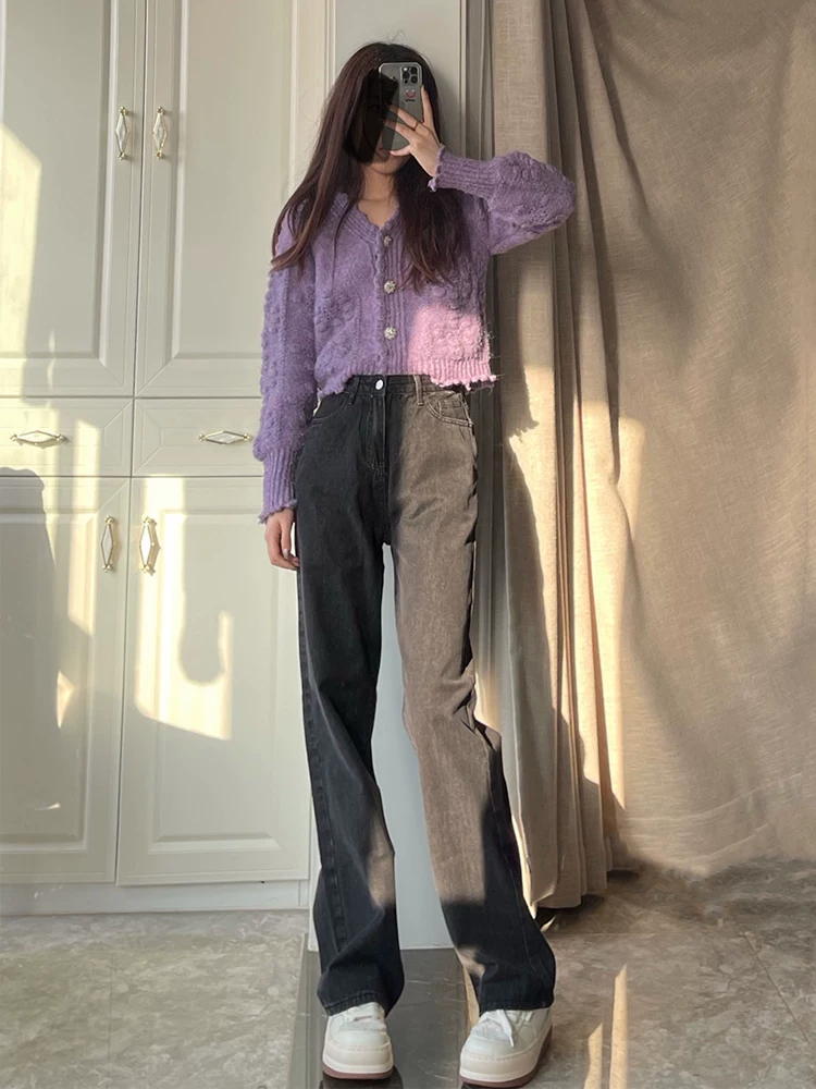 Quần jean ống đứng lưng cao dành cho nữ, kiểu dáng thu đông mới, dáng rộng, tôn dáng, cỡ lớn, dáng quả lê, hơi mũm mĩm, quần ống rộng dài chấm đất.