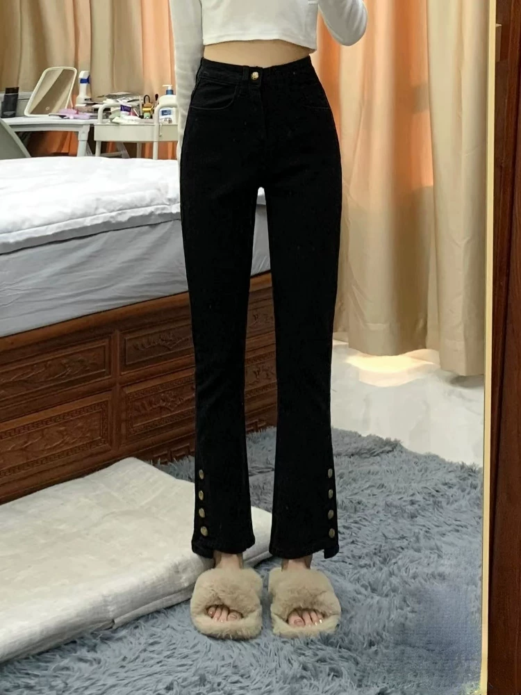 Quần jean nữ dáng chuông, lót lông cừu, dày dặn, ống thẳng hơi loe, size lớn, cạp cao, co giãn, che hông.