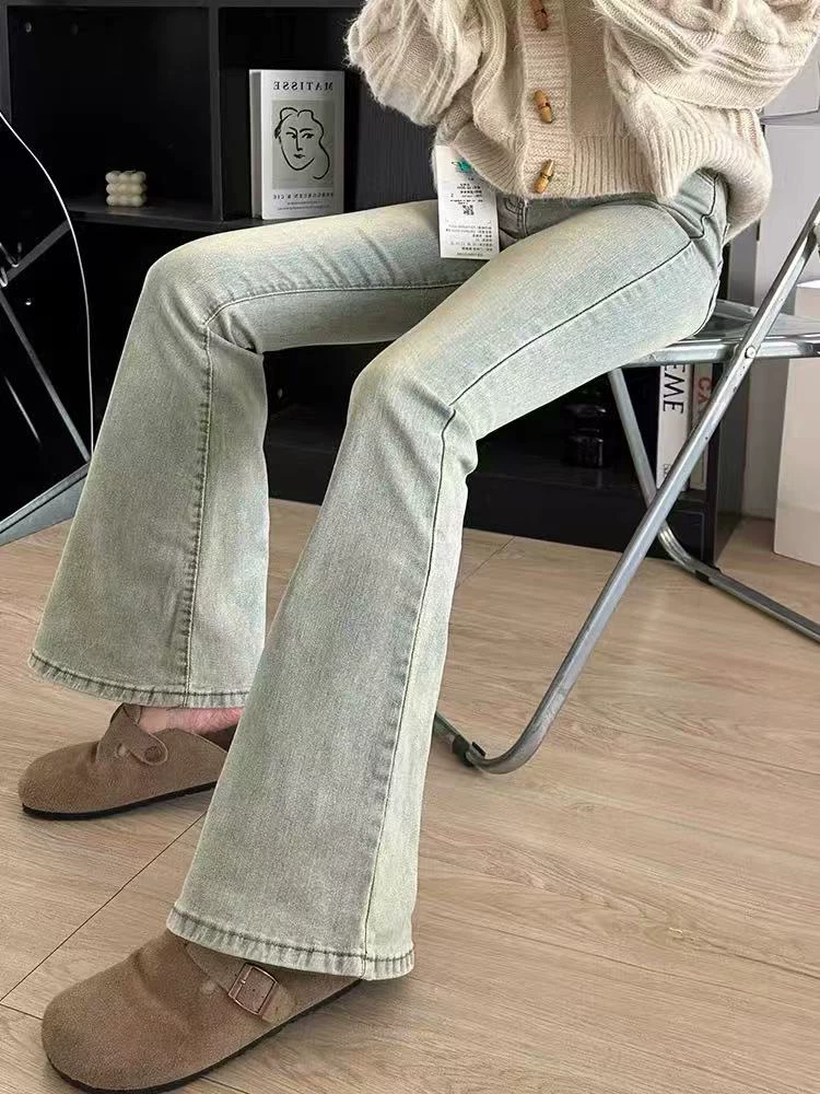 Quần jean bootcut cổ điển dành cho nữ, phong cách đầu xuân, cỡ lớn, lưng cao, co giãn, giảm béo, dáng quả lê, quần ống loe hình móng ngựa