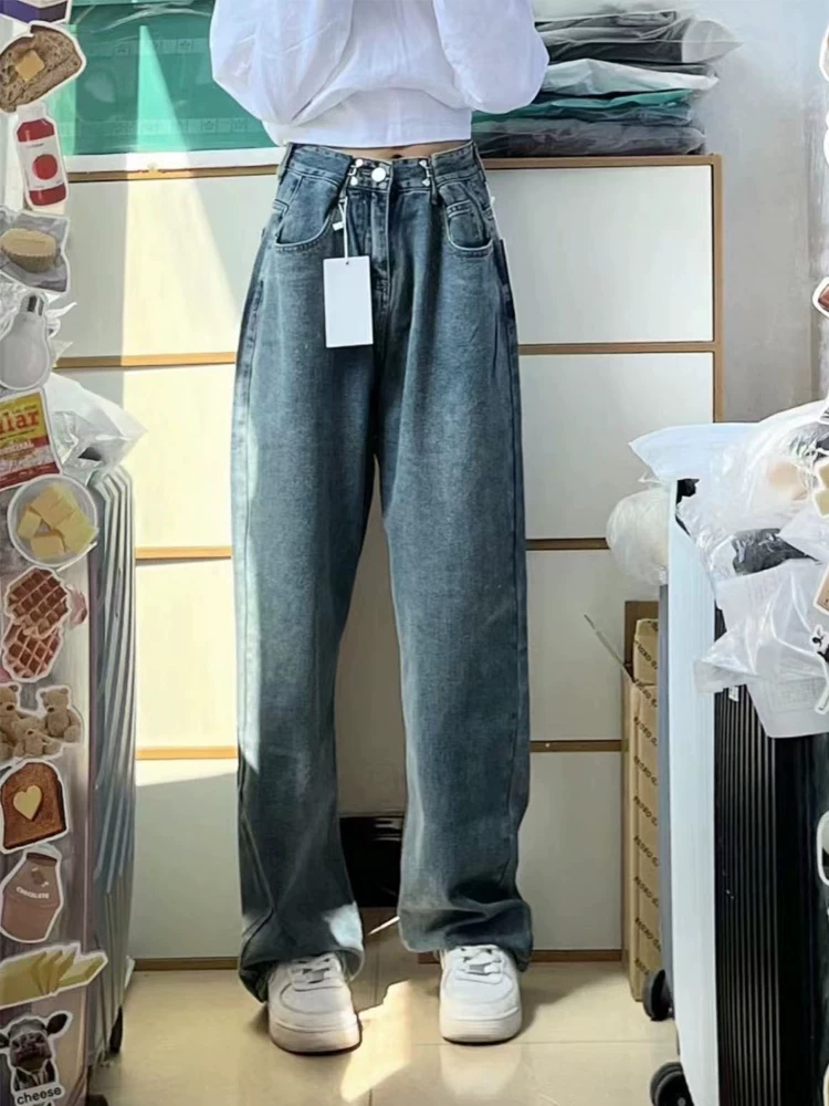 Quần jean ống đứng có thể điều chỉnh dáng quả lê dành cho nữ, cỡ lớn, mùa thu, lưng cao, dáng rộng, che hông, quần ống rộng giảm béo