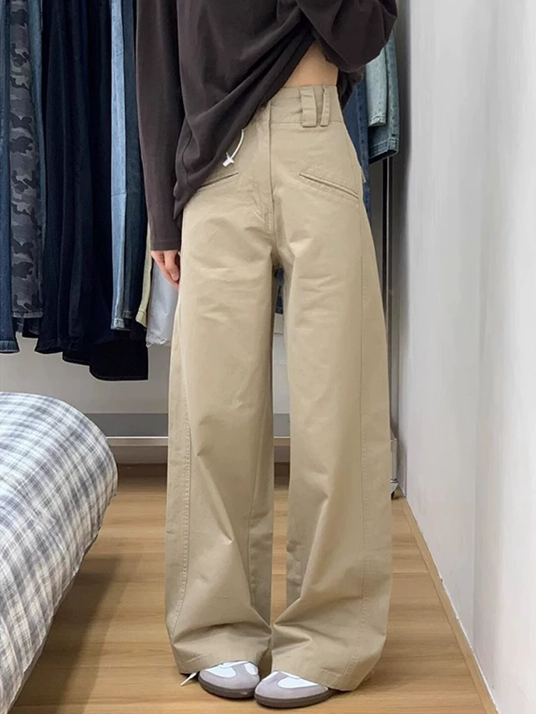 Quần kaki thường ngày dành cho nữ, kiểu dáng mùa xuân mới, cỡ lớn, lưng cao, dáng rộng, giảm béo, dáng quả lê, quần ống rộng