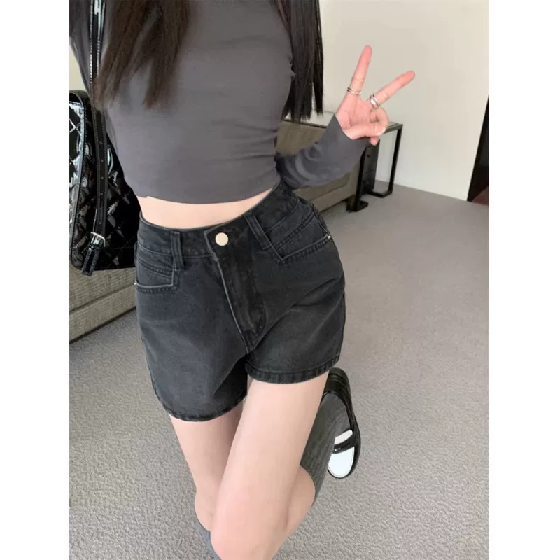 Quần short denim dáng lê dành cho nữ, kiểu dáng mỏng mùa hè, cỡ lớn, cạp cao, che hông, quần ống rộng chữ A tôn dáng.