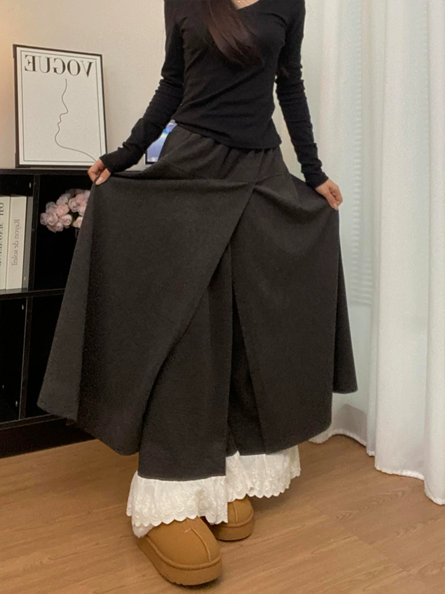 Váy chắp vá viền ren dành cho nữ, phong cách mùa thu mới, cỡ lớn, lưng cao, che hông, giảm béo, quần váy ống rộng thông thường.