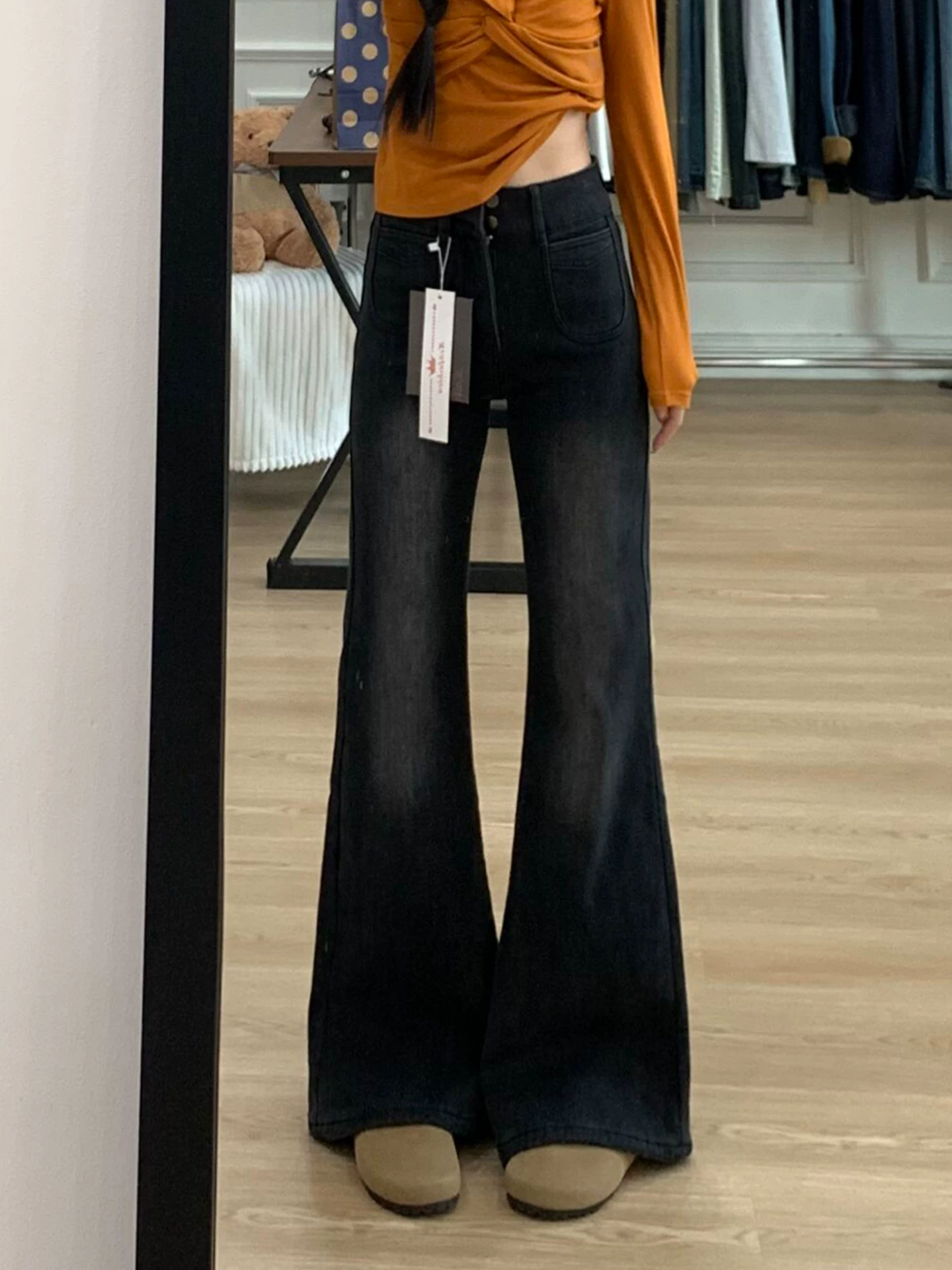 Quần jean loe dành cho nữ có lớp lót lông cừu, dày dặn, cạp cao, co giãn, thon gọn, cỡ lớn, kiểu dáng mới thu đông.