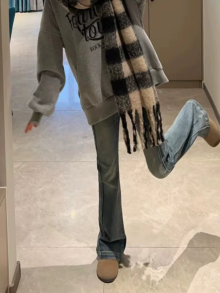 Quần jean dáng quả lê dành cho nữ, cỡ lớn mùa đông, lót lông cừu, dày dặn, cạp cao, co giãn, che hông, quần bootcut tôn dáng