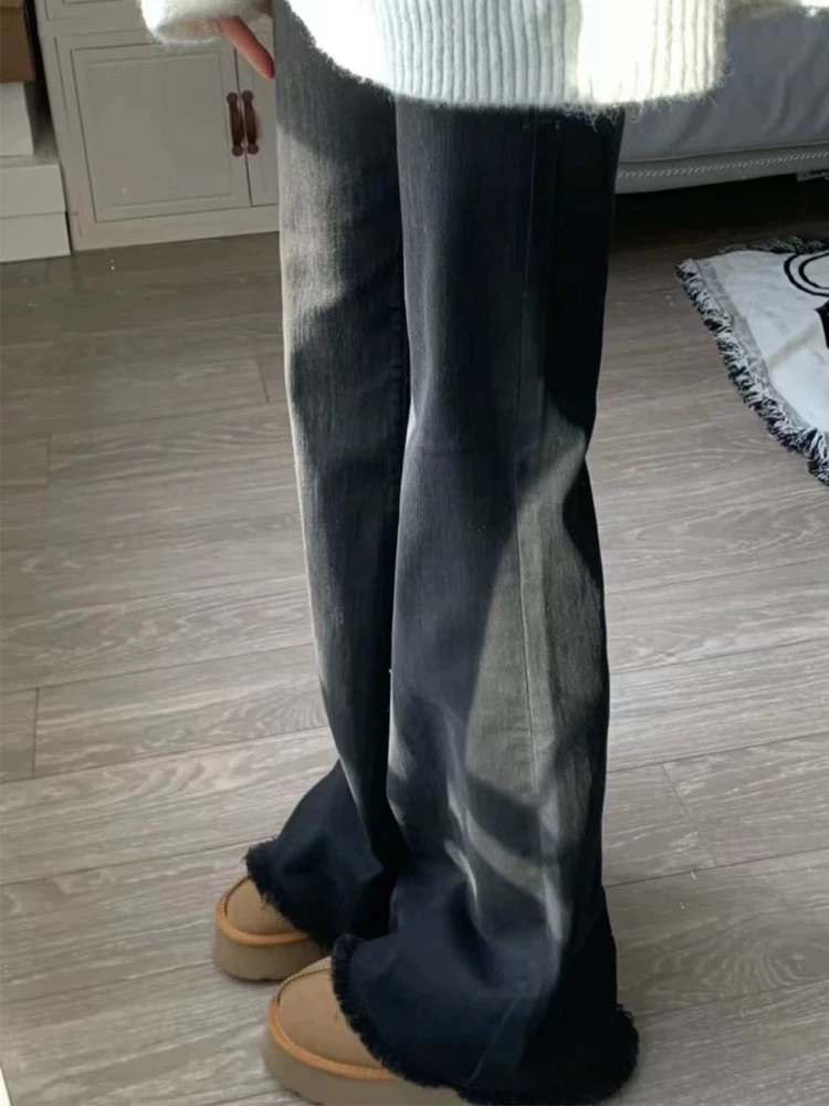 Quần jean ống đứng xòe có lớp lót lông cừu và tua rua dành cho nữ, cỡ lớn mùa đông, quần ống loe co giãn cạp cao tôn dáng mùa xuân