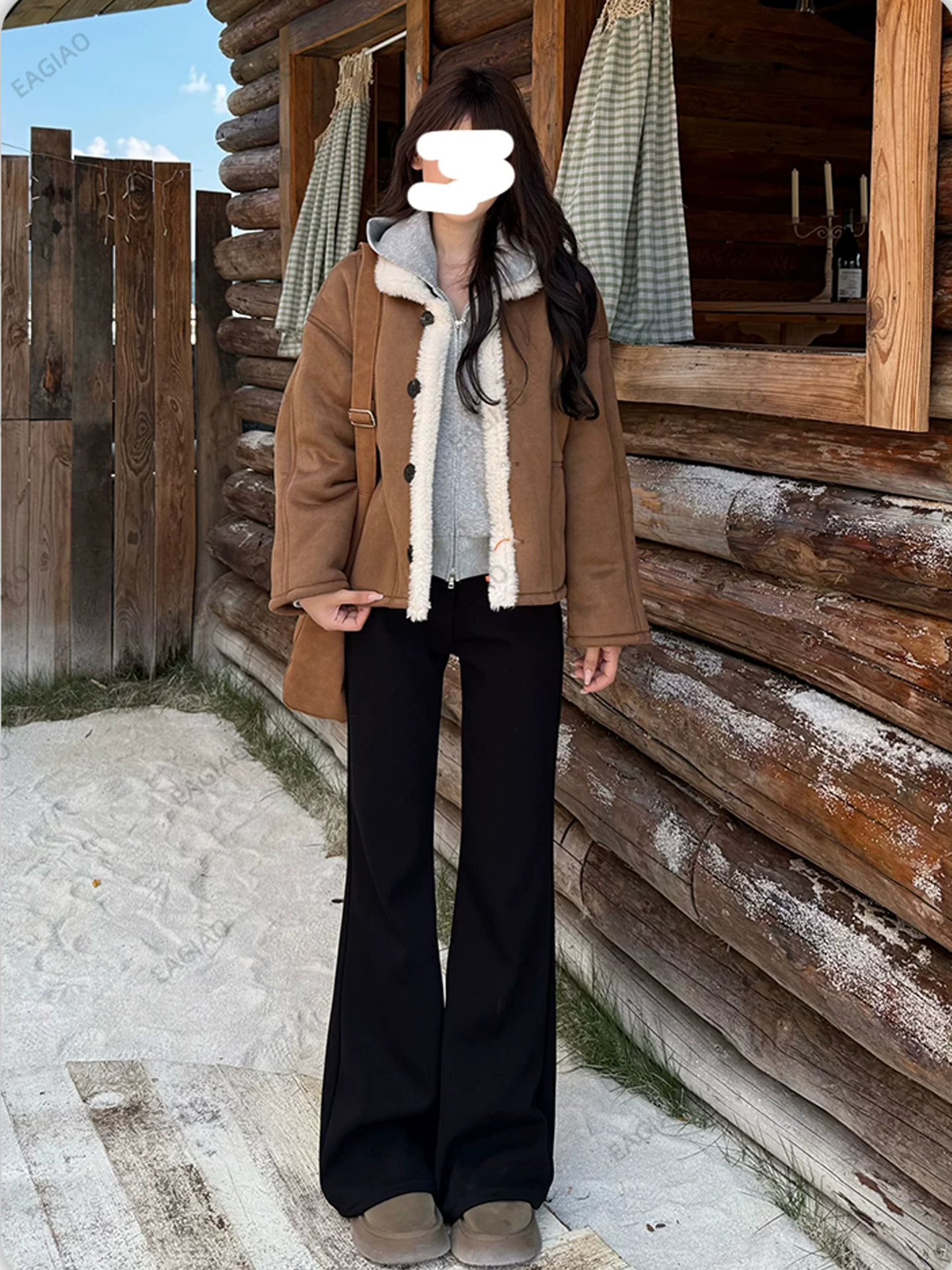 Quần jean đen ống loe lót lông cừu dành cho nữ, mùa đông 2025, size lớn, cạp cao, co giãn, tôn dáng, dáng nhỏ nhắn, quần ống chuông