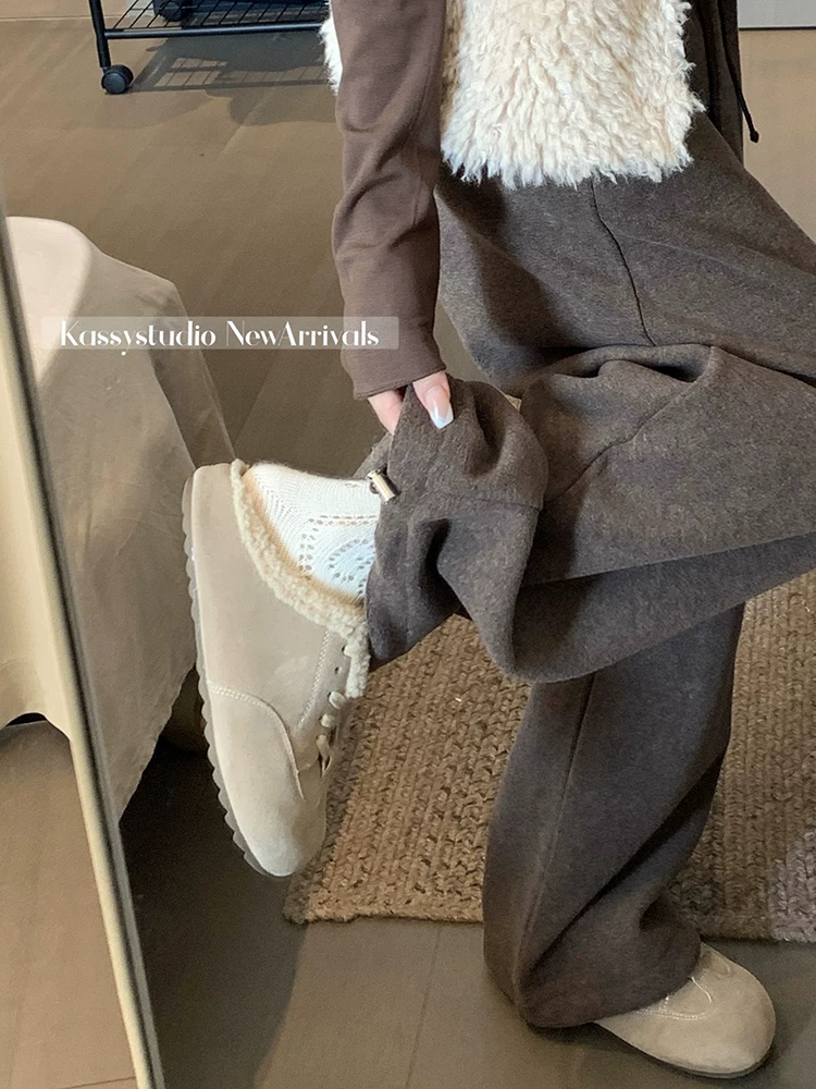 Quần ống rộng màu trắng nhạt dành cho nữ, lót lông cừu mùa đông, cỡ lớn, lưng cao, mềm mại, tôn dáng, dáng quả lê, quần ống rộng