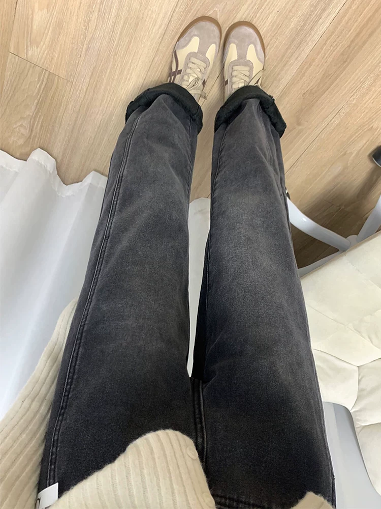 Quần jean ống đứng màu đen và xám dành cho nữ, mùa đông, cỡ lớn, lót lông cừu, dày dặn, cạp cao, rộng rãi, che hông, giảm béo, quần ống rộng.