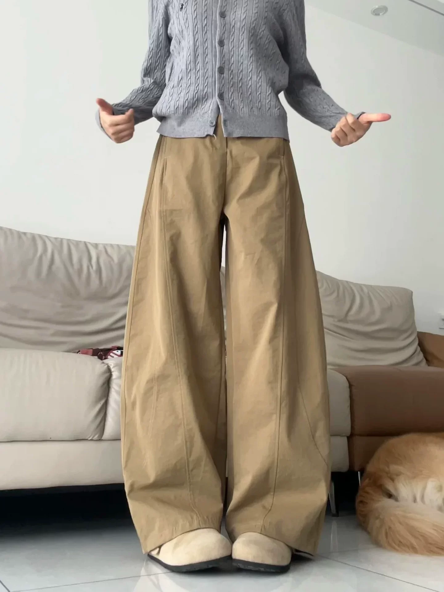 Quần kaki dáng lửng dành cho nữ, kiểu dáng mùa thu mới, cỡ lớn, lưng cao, dáng rộng, tôn dáng, quần ống rộng kiểu công sở thoải mái.