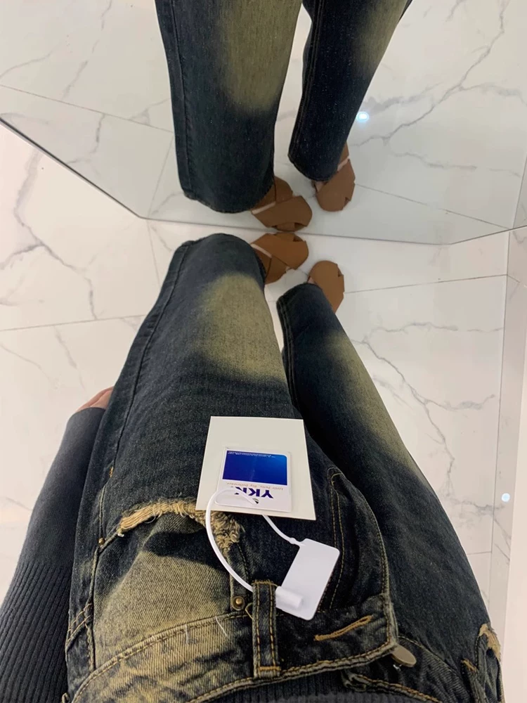 Quần jean ống thẳng kiểu Mỹ cổ điển dành cho nữ, phong cách mùa xuân mới, cỡ lớn, lưng cao, dáng rộng, che hông, giảm béo, quần ống rộng