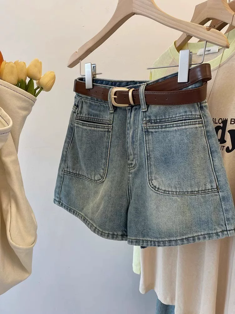 Quần short denim màu xanh cổ điển hình quả lê dành cho nữ, cỡ lớn mùa hè, nhỏ nhắn, lưng cao, quần ống rộng chữ A tôn dáng