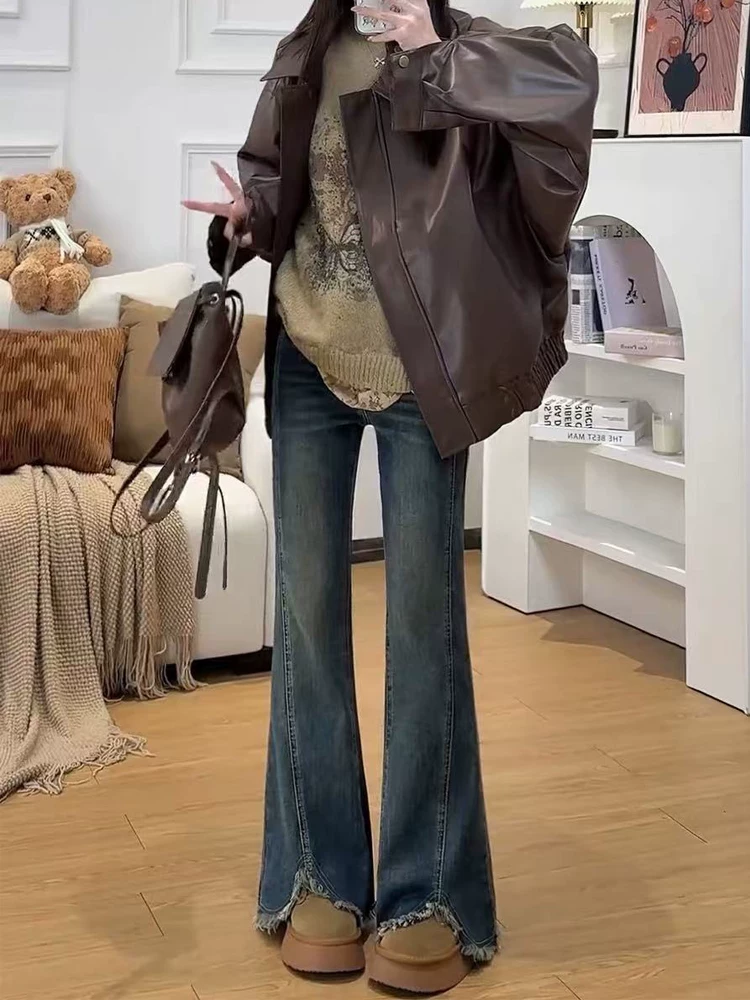 Quần jean xẻ tà dành cho nữ, mùa thu đông, lót lông cừu, cỡ lớn, lưng cao, co giãn, thon gọn, dáng quả lê, quần ống loe