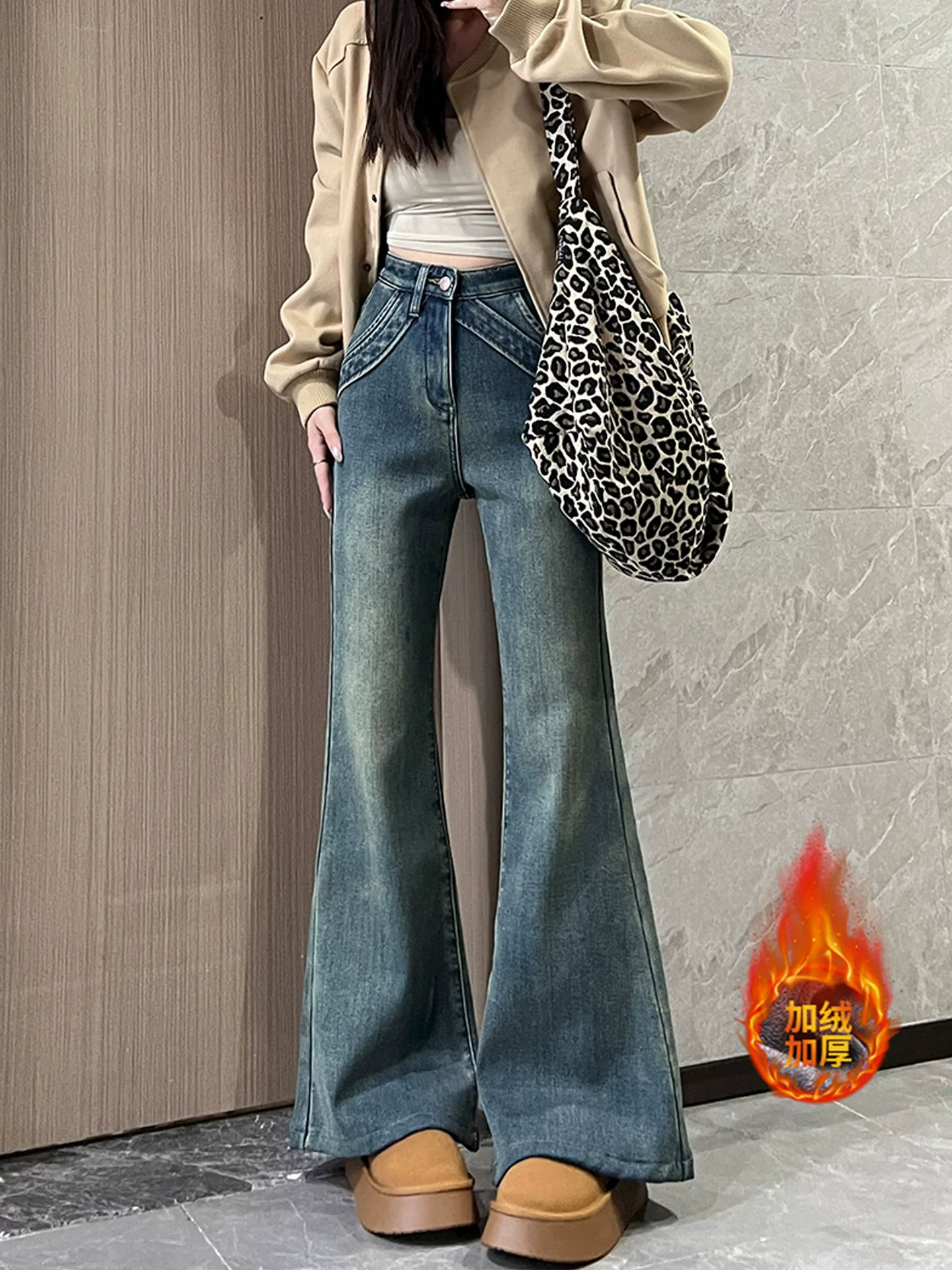 Quần jean nữ ống loe cạp cao dày dặn lót lông cừu, thu đông 2025, size lớn, co giãn, tôn dáng, kiểu bootcut