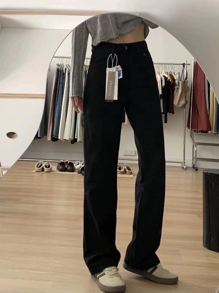 Quần jeans đen ống đứng nữ, kiểu mới thu đông 2024, size lớn, cạp cao, co giãn, tôn dáng, quần ống rộng ôm dáng