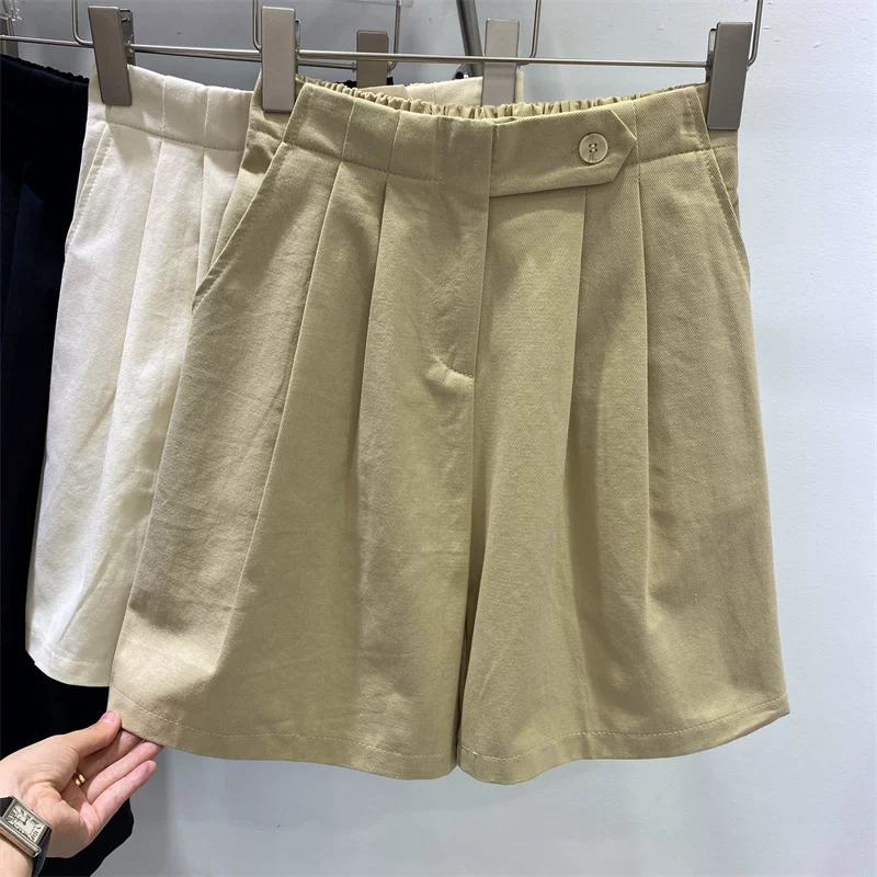 Quần short dáng lê năm điểm dành cho nữ, kiểu dáng mỏng mùa hè, cỡ lớn, lưng cao, giảm béo, quần short ống rộng dáng rộng