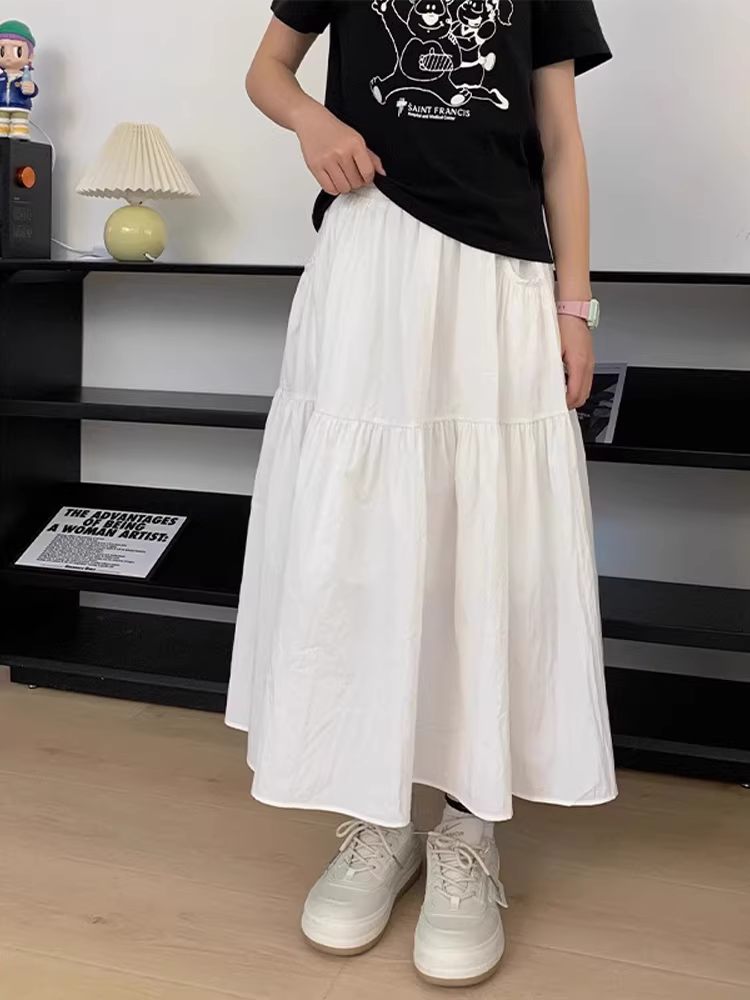 Váy midi trắng cho nữ, size lớn mùa hè, lưng cao, dáng rộng, tôn dáng, dành cho người có dáng quả lê, váy chữ A, váy dù dài ngang đùi.