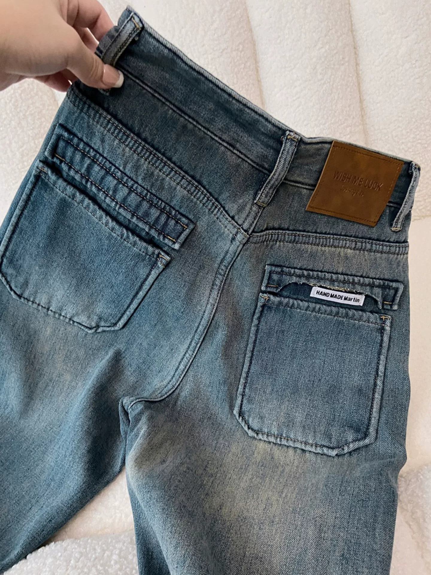 Quần jean ống thẳng dày lót lông màu xanh lam dành cho nữ, cỡ lớn mùa đông, lưng cao, dáng rộng, thon gọn, dáng quả lê, quần ống rộng