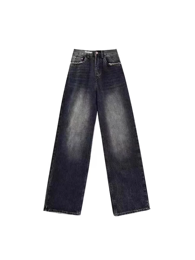 Quần jean xanh cổ điển dành cho nữ, phong cách mùa thu mới, cỡ lớn, lưng cao, dáng rộng, thon gọn, dáng quả lê, quần ống rộng thẳng