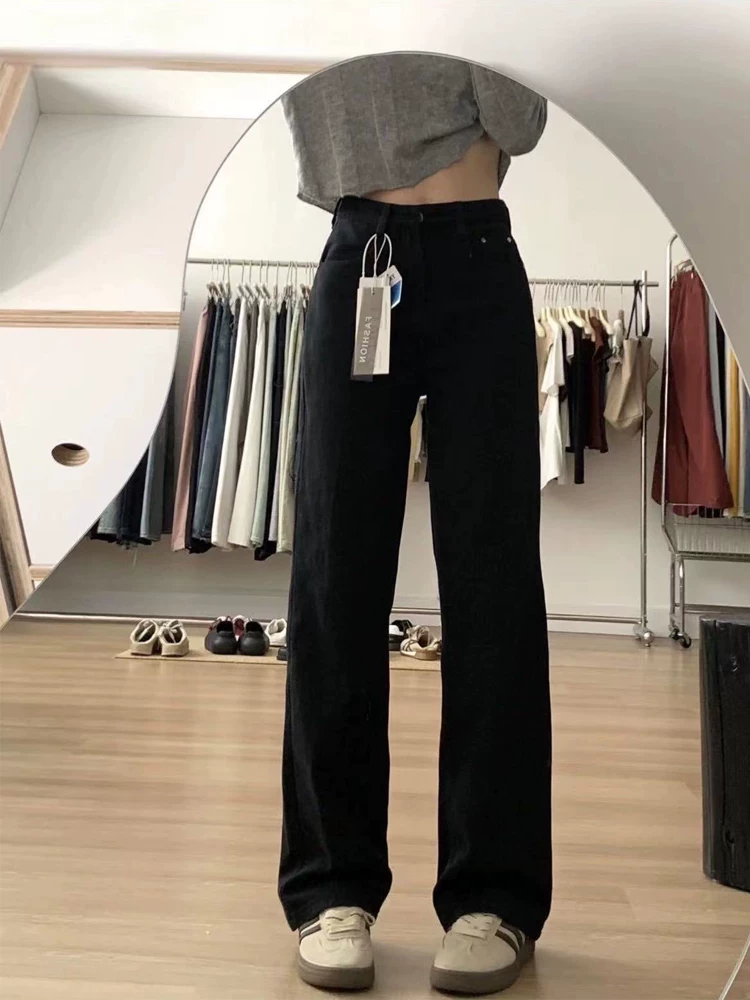 Quần jeans đen ống đứng nữ, kiểu mới thu đông 2024, size lớn, cạp cao, co giãn, tôn dáng, quần ống rộng ôm dáng